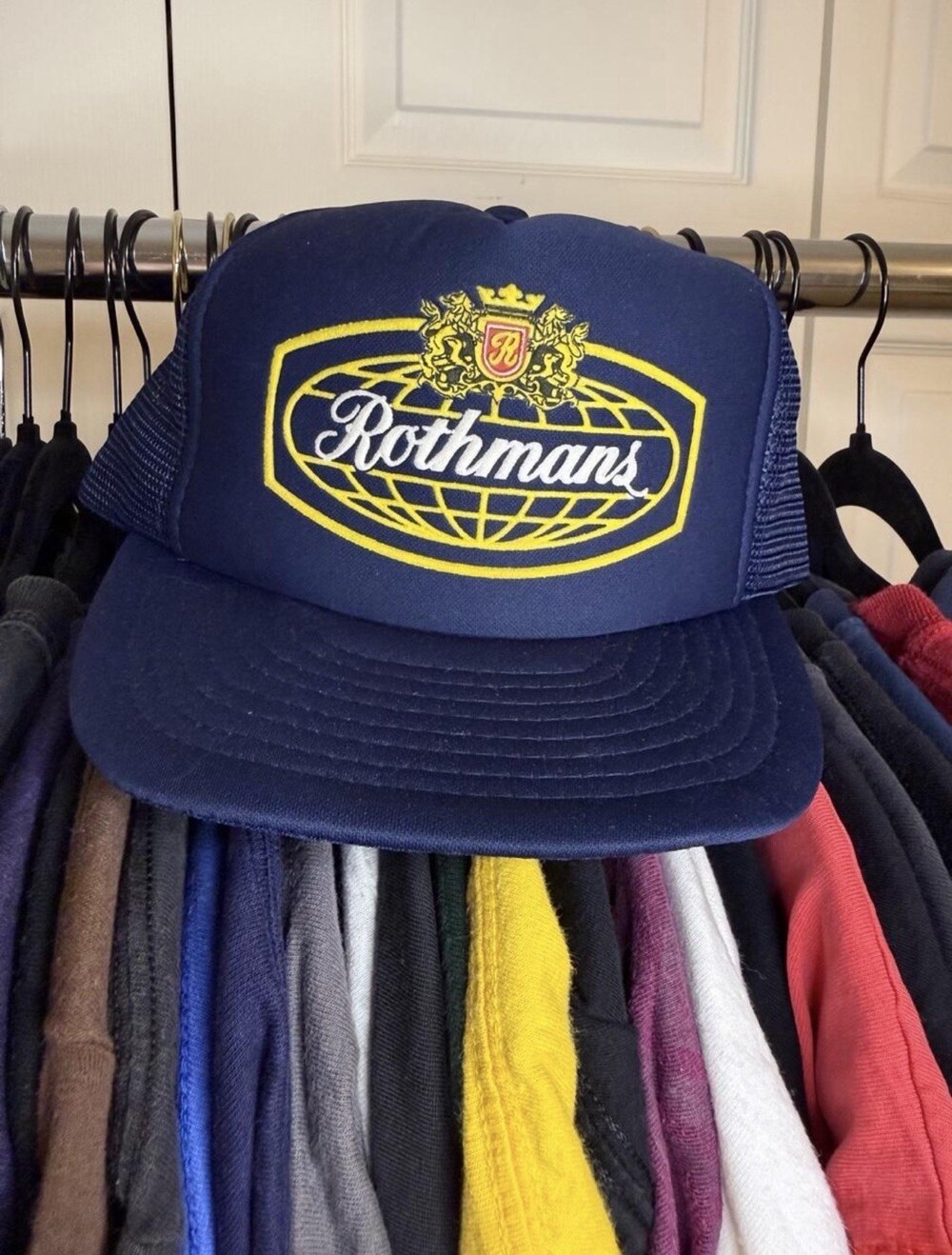 Vintage Rothmans Tobacco Logo Mesh Trucker Snapback Hat Navy Blue Designer Award